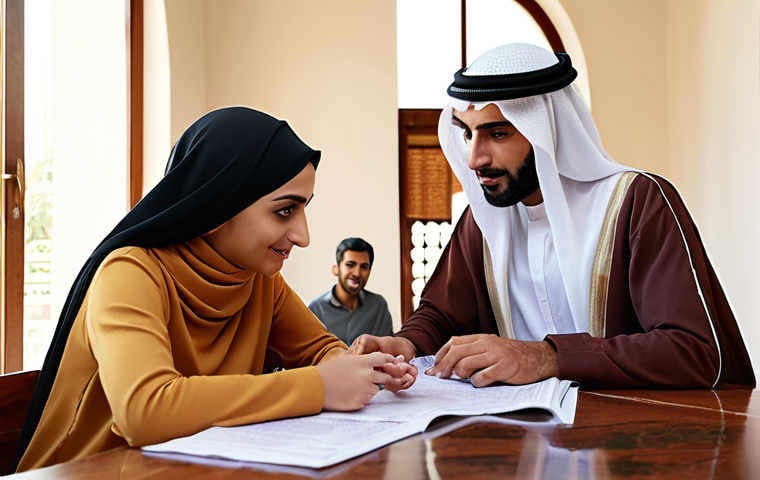 ** A modern Middle Eastern family discussing financial goals around a table, with insurance documents subtly visible. Warm, inviting atmosphere.
**