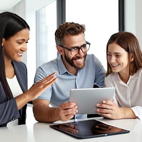Home 6 **
Prompt: A diverse family confidently gathered around a financial advisor in a modern office, reviewing insurance options on a tablet. The atmosphere is bright and optimistic, symbolizing financial security. Background includes charts showcasing growth and protection.
**