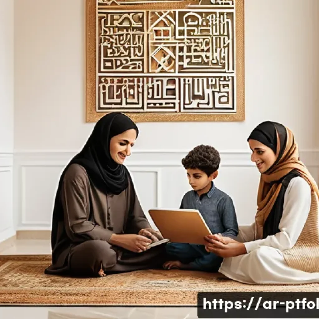 보험 상품의 선택과 포트폴리오 관리 - A modern Middle Eastern family scene inside a stylish, sunlit living room decorated with traditional...