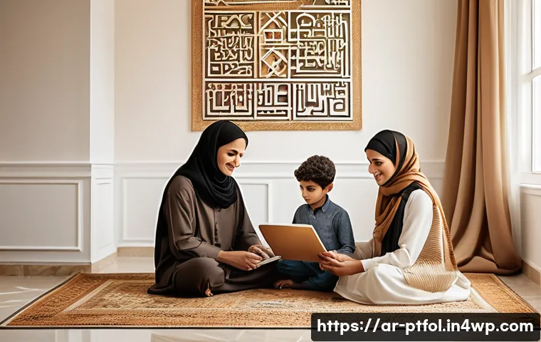 보험 상품의 선택과 포트폴리오 관리 - A modern Middle Eastern family scene inside a stylish, sunlit living room decorated with traditional...