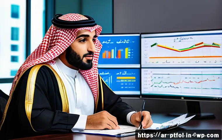 보험 포트폴리오 관리의 기초와 응용 - A professional Middle Eastern financial advisor in traditional attire, sitting at a modern office de...