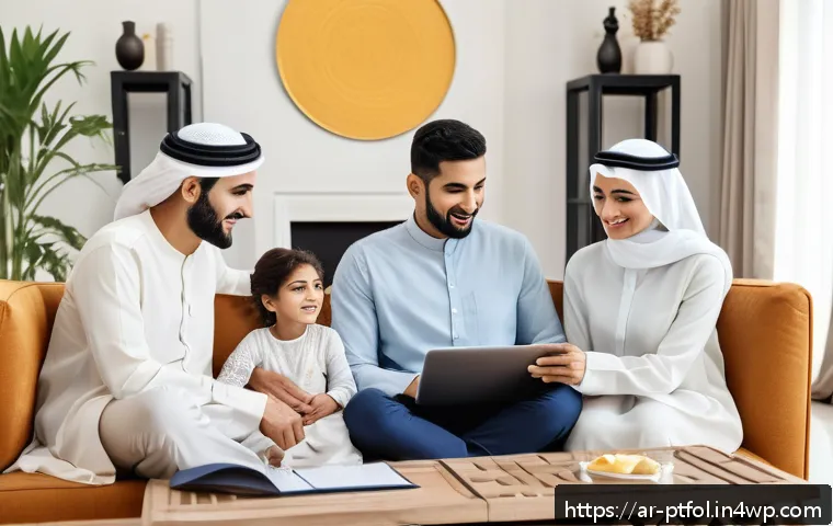 보험 포트폴리오 판단 기준과 성공 사례 - A professional Middle Eastern family sitting together in a modern living room discussing insurance o...