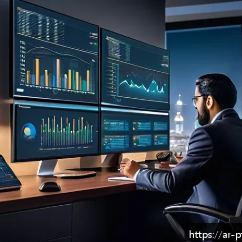 Home 32 보험 포트폴리오 리스크 평가 및 관리 전략 - A sophisticated office scene featuring a Middle Eastern insurance portfolio manager analyzing comple...