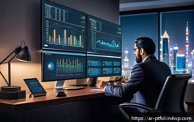 보험 포트폴리오 리스크 평가 및 관리 전략 - A sophisticated office scene featuring a Middle Eastern insurance portfolio manager analyzing comple...