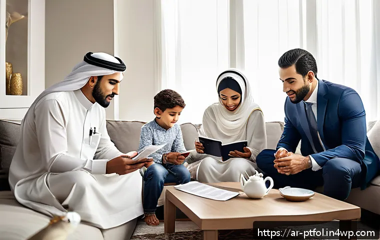 보험 포트폴리오 최적화를 위한 전문가의 조언 - A professional Middle Eastern family in traditional attire sitting together in a modern living room,...