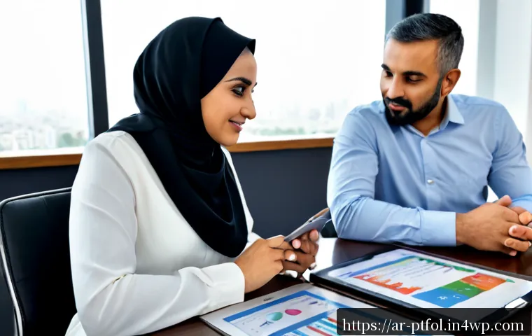 Home 17 보험 포트폴리오 최적화의 필요성과 장점 - Photorealistic financial consultation in a modern Gulf Arab office, a middle-aged Arab couple in mod...
